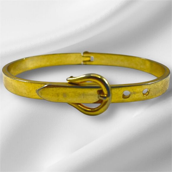 Goldtone Belt Bracelet with Adjustable Buckle Design, Hinge Opening, 7", Vintage - Picture 2 of 6